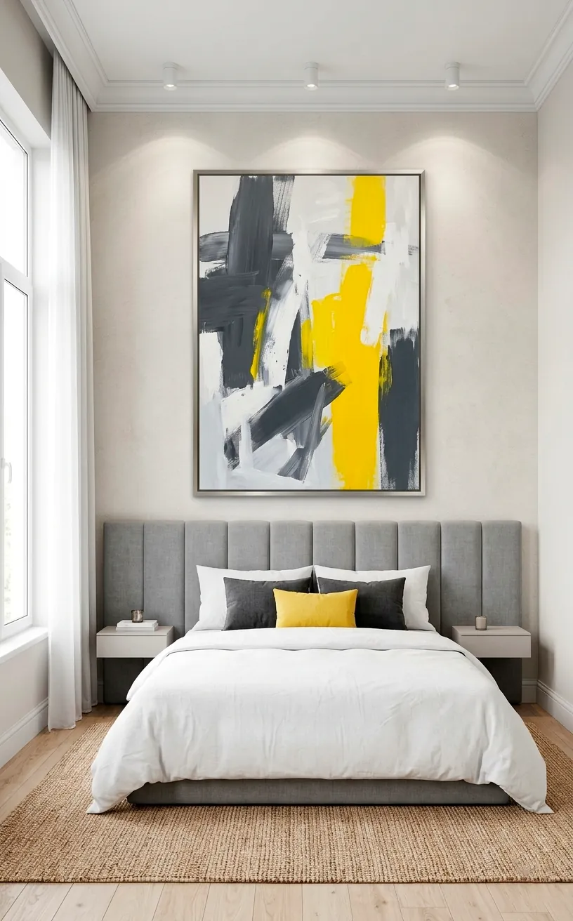 Large abstract painting with grey and yellow tones hanging above a bed in a modern room.