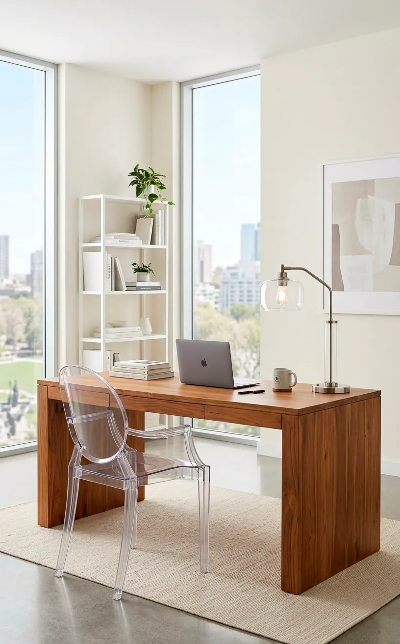 Teak desk with a transparent acrylic ghost chair in a bright home office.