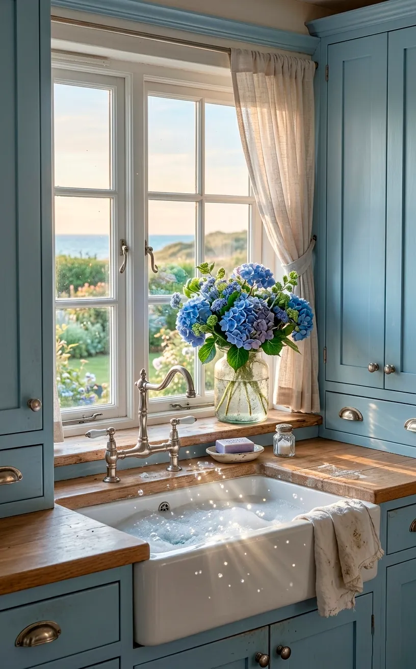 Powder blue kitchen cabinets with a farmhouse sink and hydrangeas.