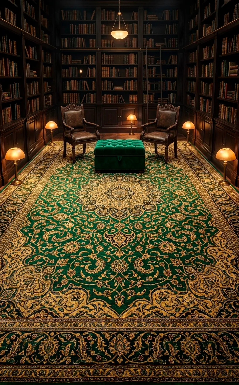 Large emerald green and gold oriental rug on a dark wood library floor.