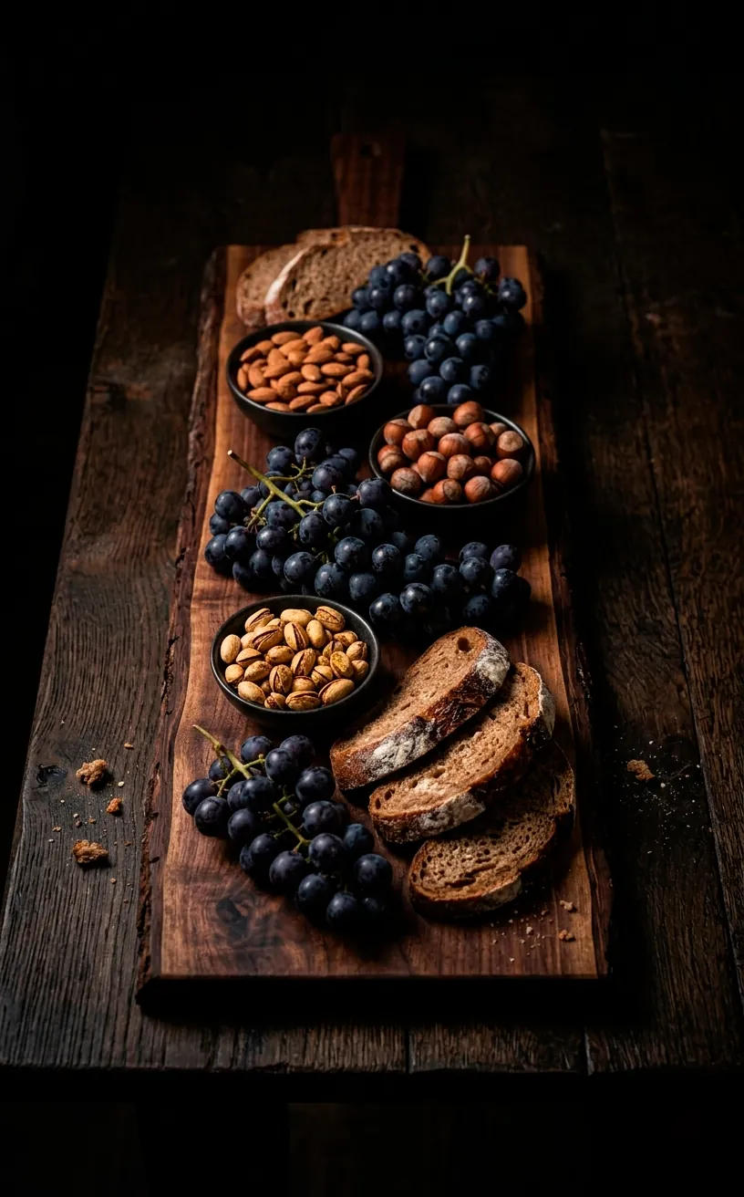 Large walnut serving board with food on a dark Scandi-Noir table.