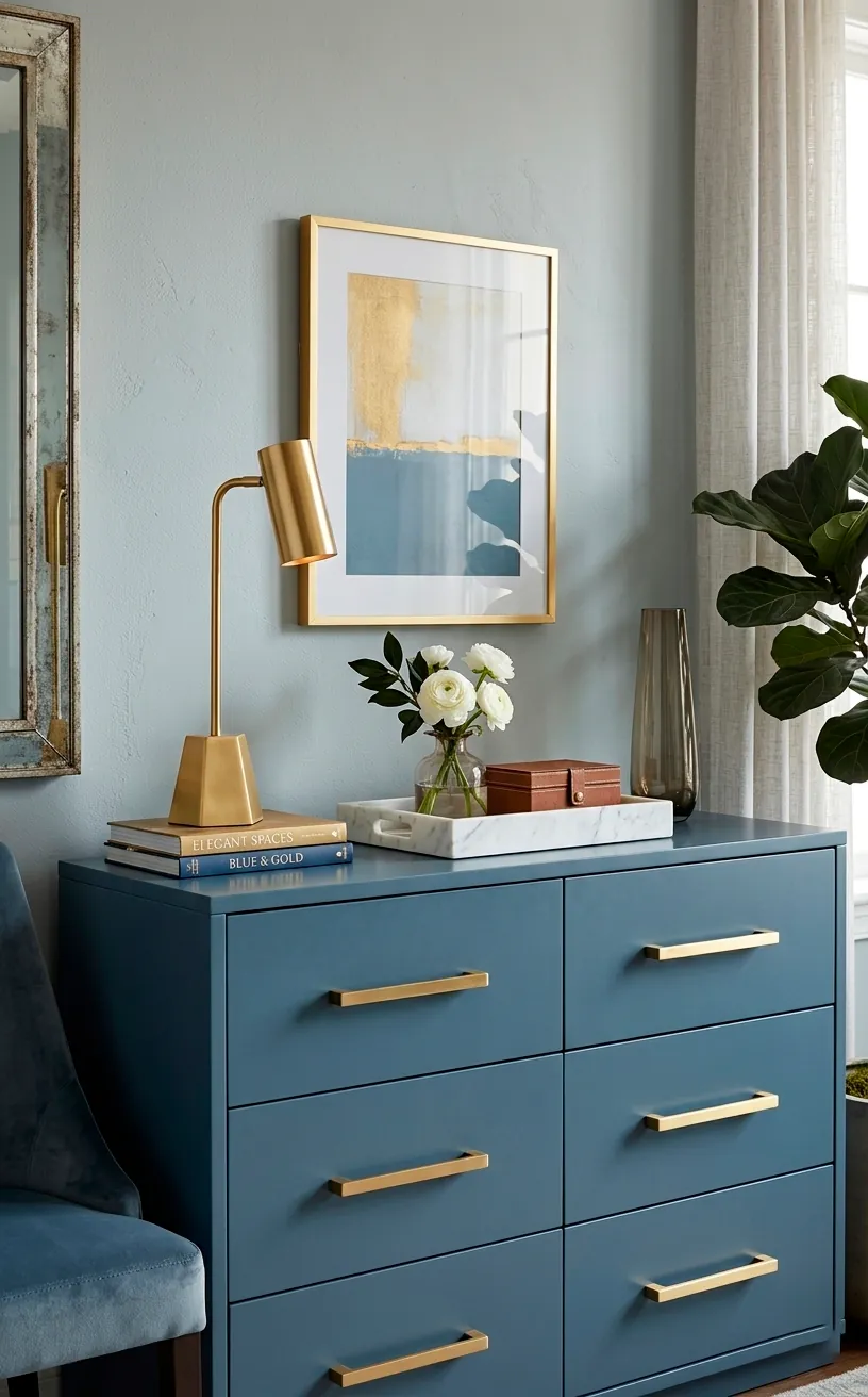 Contemporary dusty blue dresser with elegant brushed brass hardware.