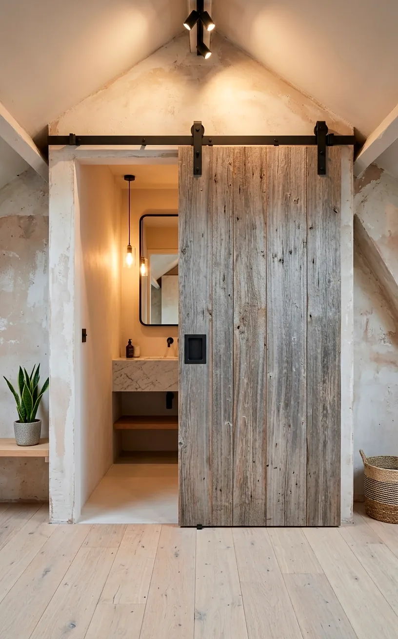 Reclaimed wood sliding barn door in a modern attic interior.