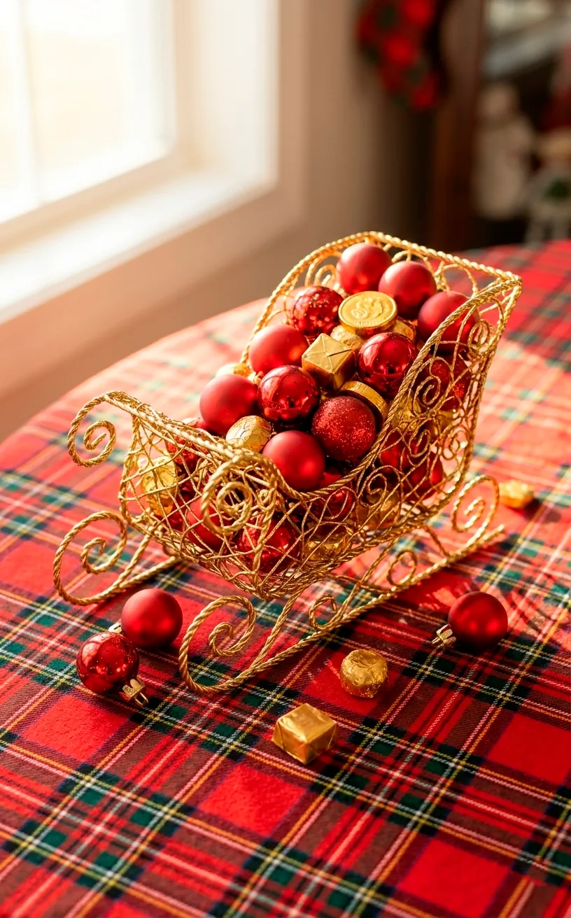 Gold wire sleigh filled with red ornaments and gold candies on plaid fabric.
