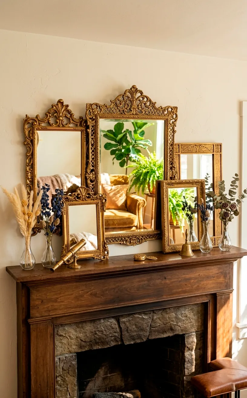 Collection of vintage gold mirrors leaning on a fireplace mantel for a boho look.