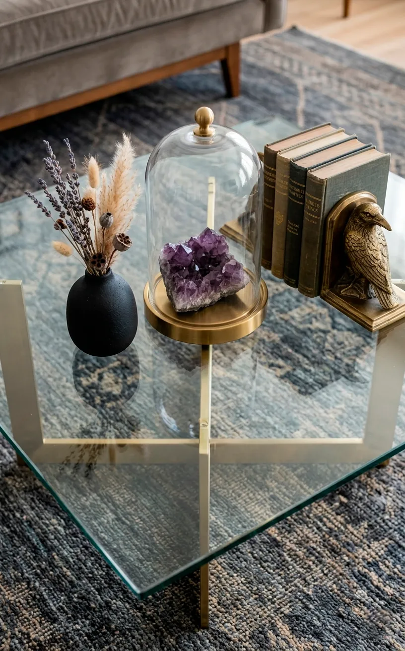 Glass coffee table with a bell jar, brass raven bookends, and black books.