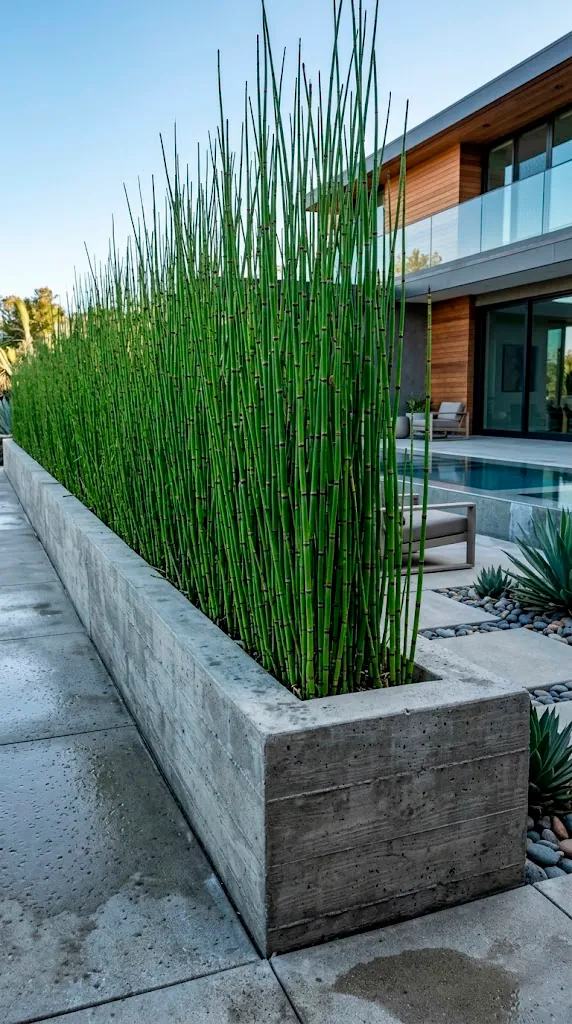 Built-in concrete planters with tall green reeds on a modern patio.