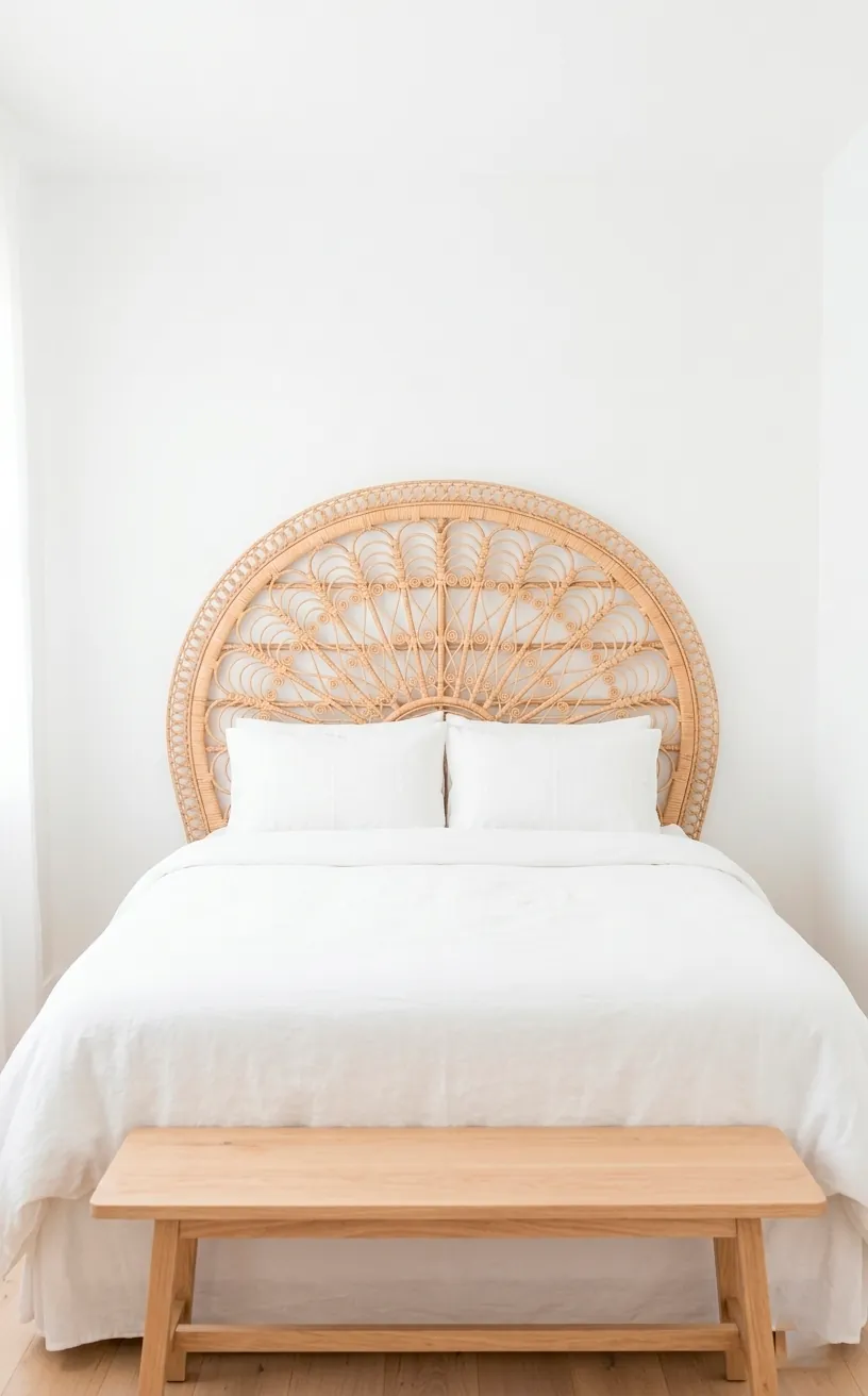 Minimalist white bedroom where an intricate rattan headboard is the main decorative element.