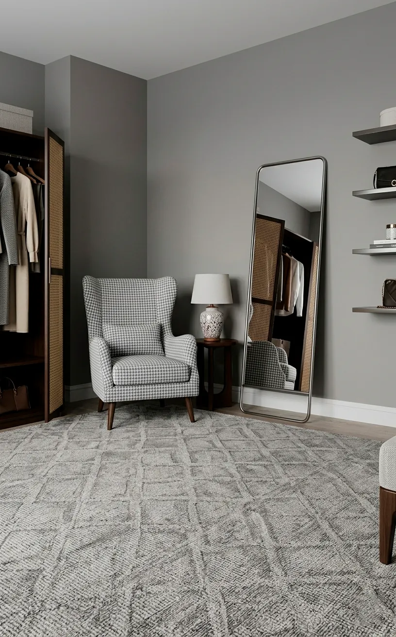 Grey dressing room with geometric rug and houndstooth accent chair.