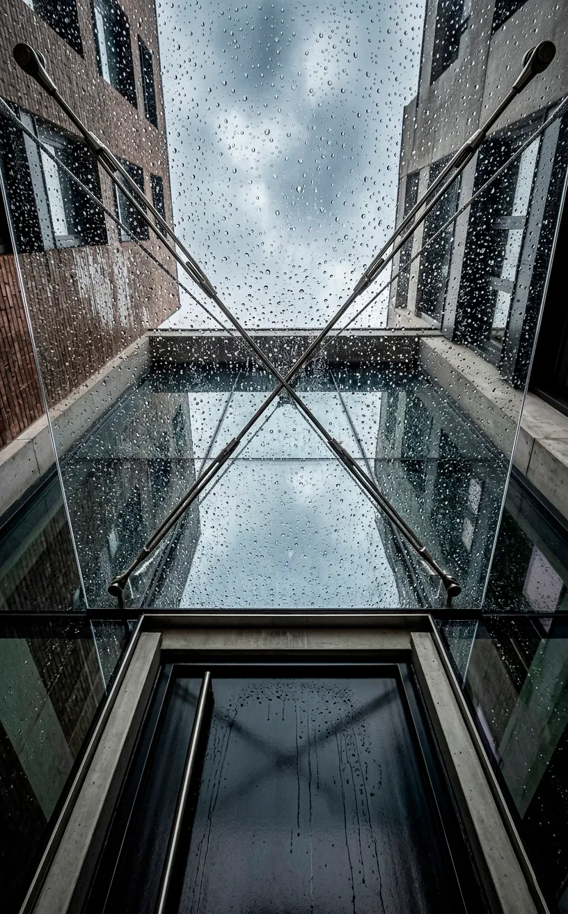 Modern frameless glass canopy over a front door with stainless steel supports.
