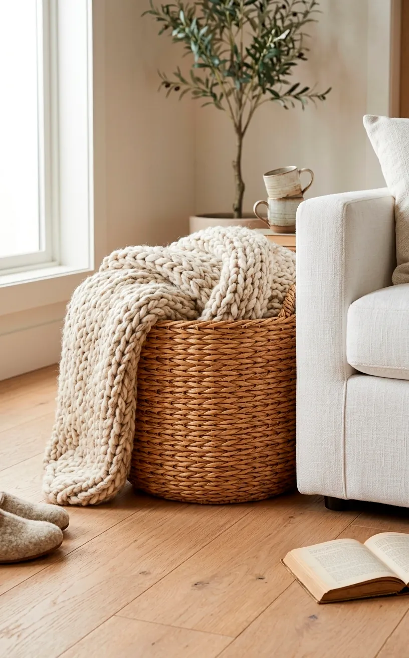 Large round rattan storage basket filled with a chunky knit blanket next to a sofa.