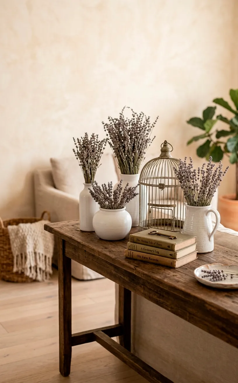 Dried lavender bunches in white ceramic vases on a rustic wooden table.