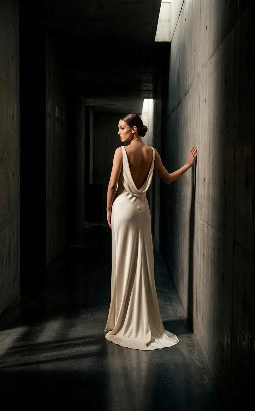 Bride in a minimalist silk slip wedding dress in a concrete setting.