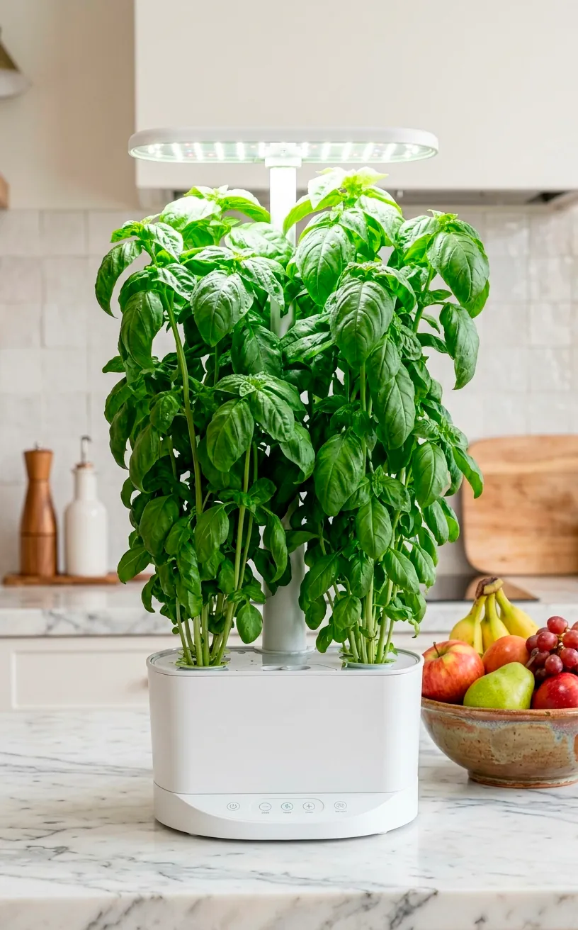 Sleek white countertop hydroponic garden with integrated LED light hood and fresh basil.
