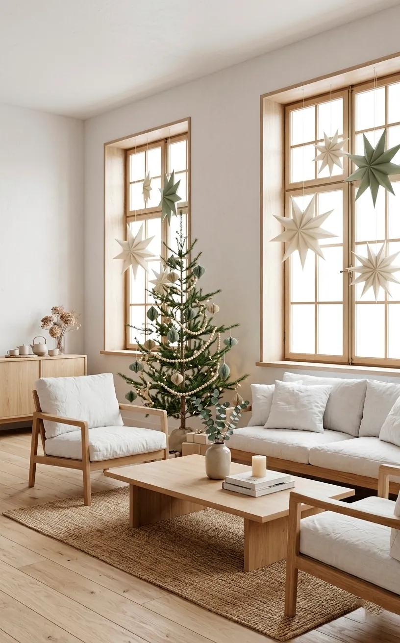 Scandinavian Christmas tree with sage green paper ornaments and wooden beads.