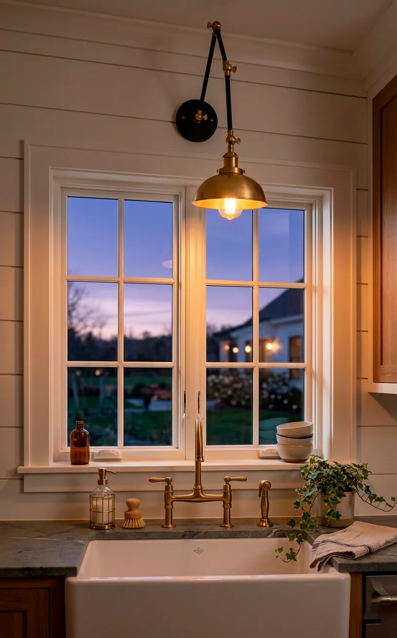 Industrial brass sconce lighting over a farmhouse kitchen sink window.