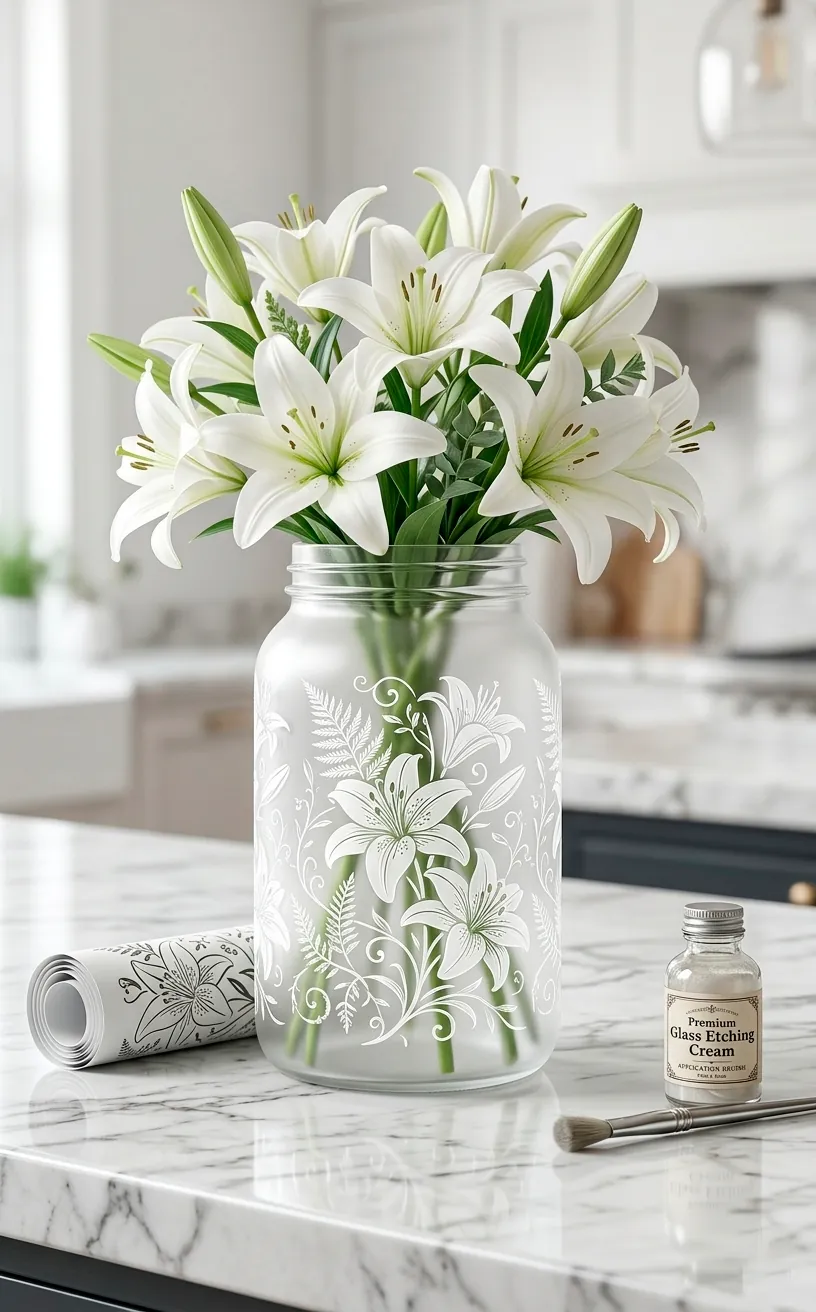 Personalized etched glass jar with botanical designs and fresh lilies.