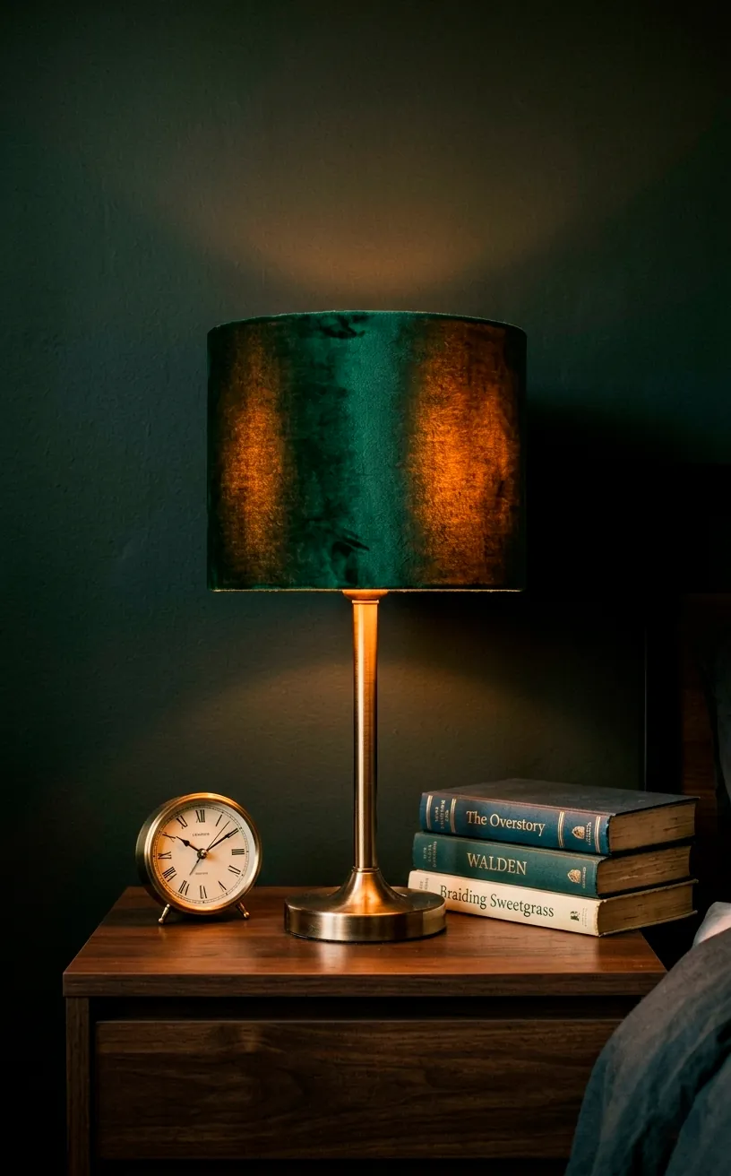 Forest green velvet lampshade on a brass lamp base with warm glowing light.