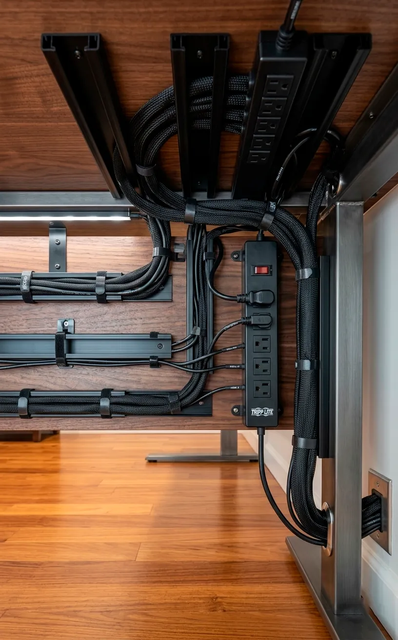 Under-desk cable management with mesh sleeves and neatly organized wires.