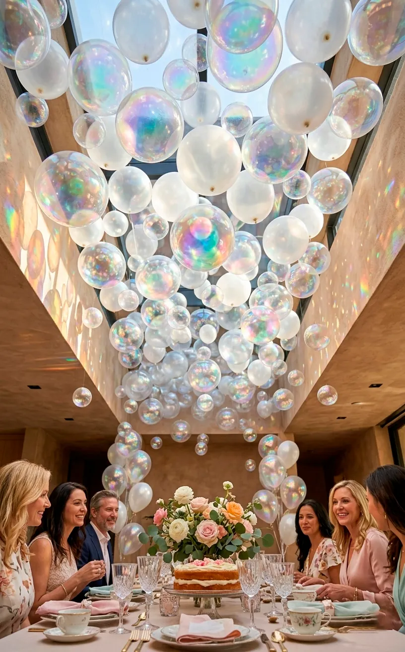 Iridescent 'bubble' balloon installation hanging from the ceiling over a brunch table.