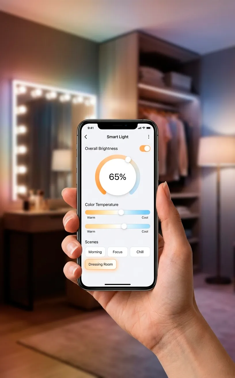 Smart home app controlling dressing room lighting levels with a phone.
