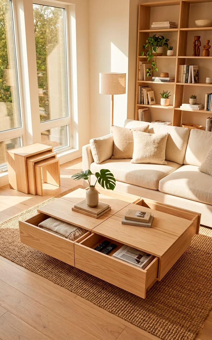 Light ash wood furniture in a bright studio apartment setting.
