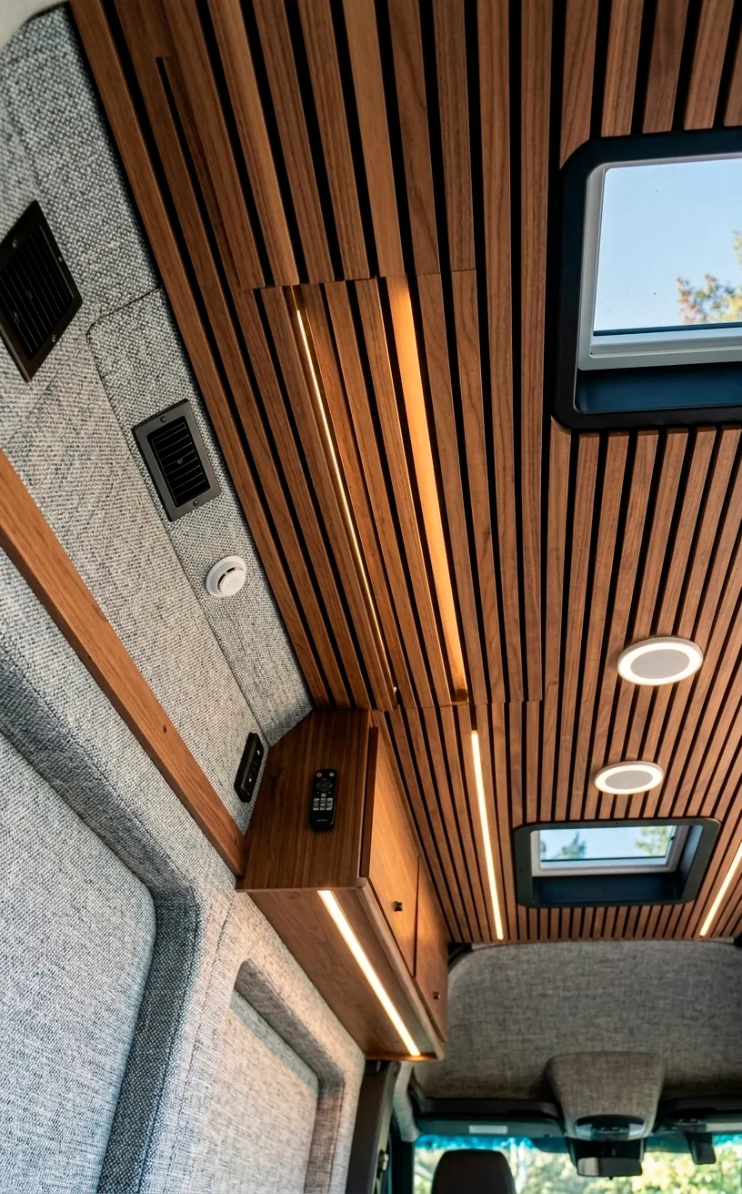 Walnut wood slat ceiling in a van with textured fabric wall panels.
