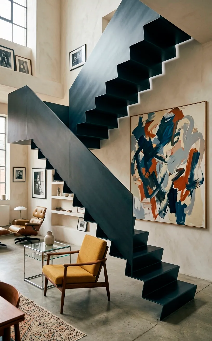 Folded charcoal steel ribbon staircase with a thin profile in a mid-century modern loft.