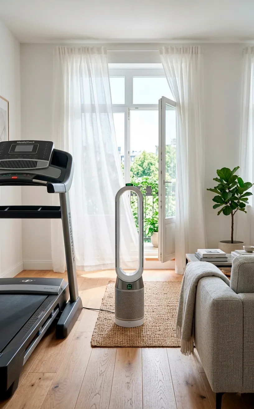 Modern air purifier in an open-concept home gym and living area near a window.