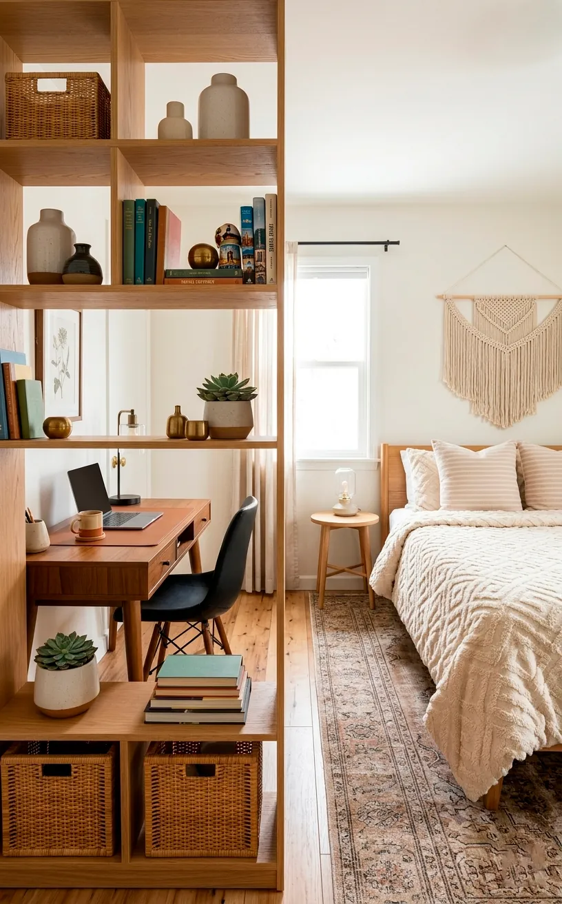 An open shelving unit used as a room divider between a desk and a bed in a guest room.