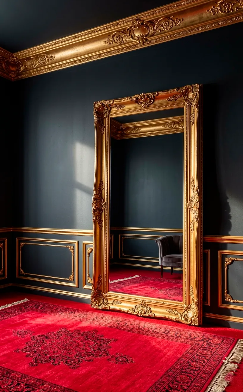 High-contrast dressing room with charcoal walls and gold decorative molding.