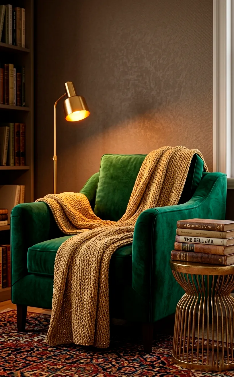 Cozy reading nook with emerald velvet armchair and gold floor lamp.