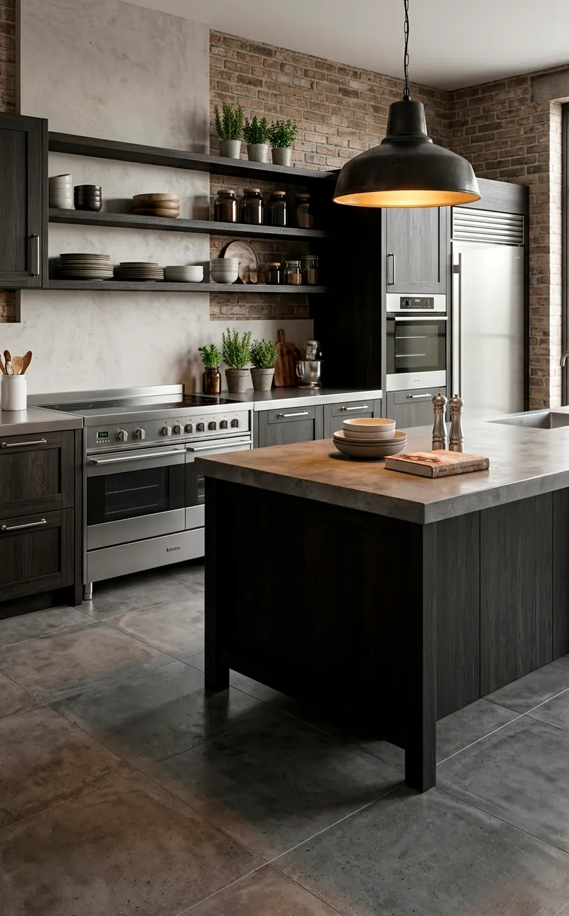 Polished concrete effect peel and stick vinyl tiles in an industrial kitchen.