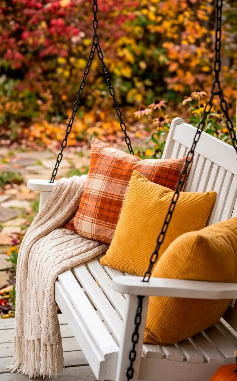 Plaid and solid mustard pillows on a white porch swing with a knit blanket.