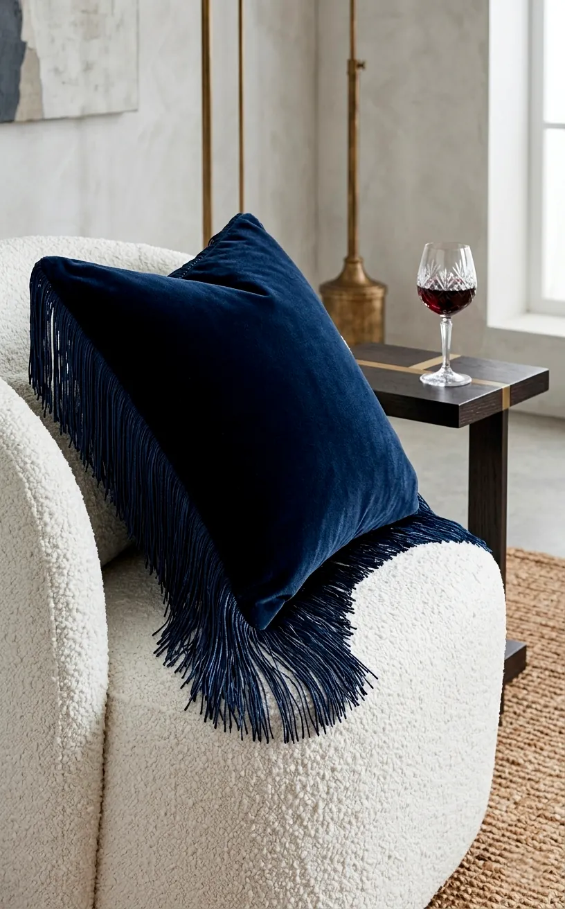 Navy velvet throw pillow with fringe trim on a white bouclé accent chair.