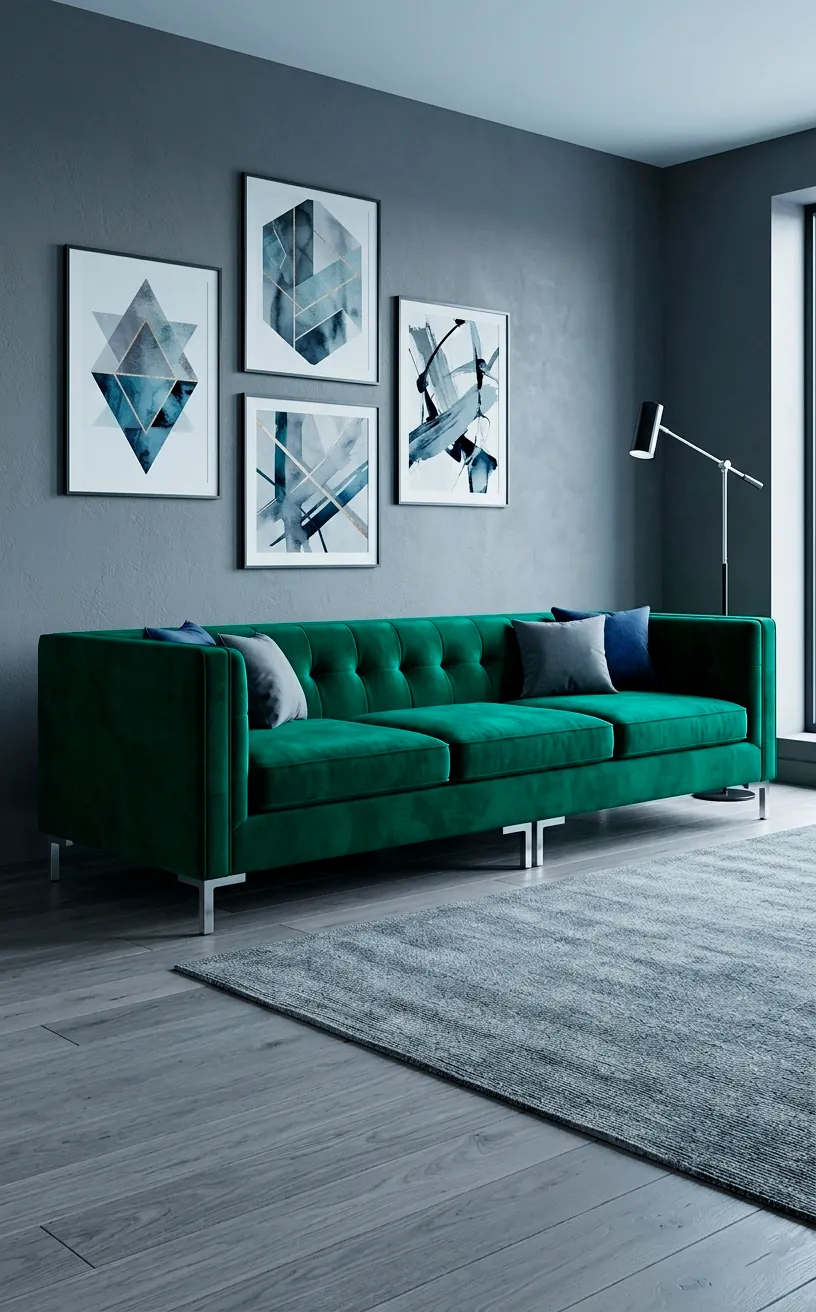 A sleek emerald green velvet Tuxedo sofa with silver legs in a contemporary living room.