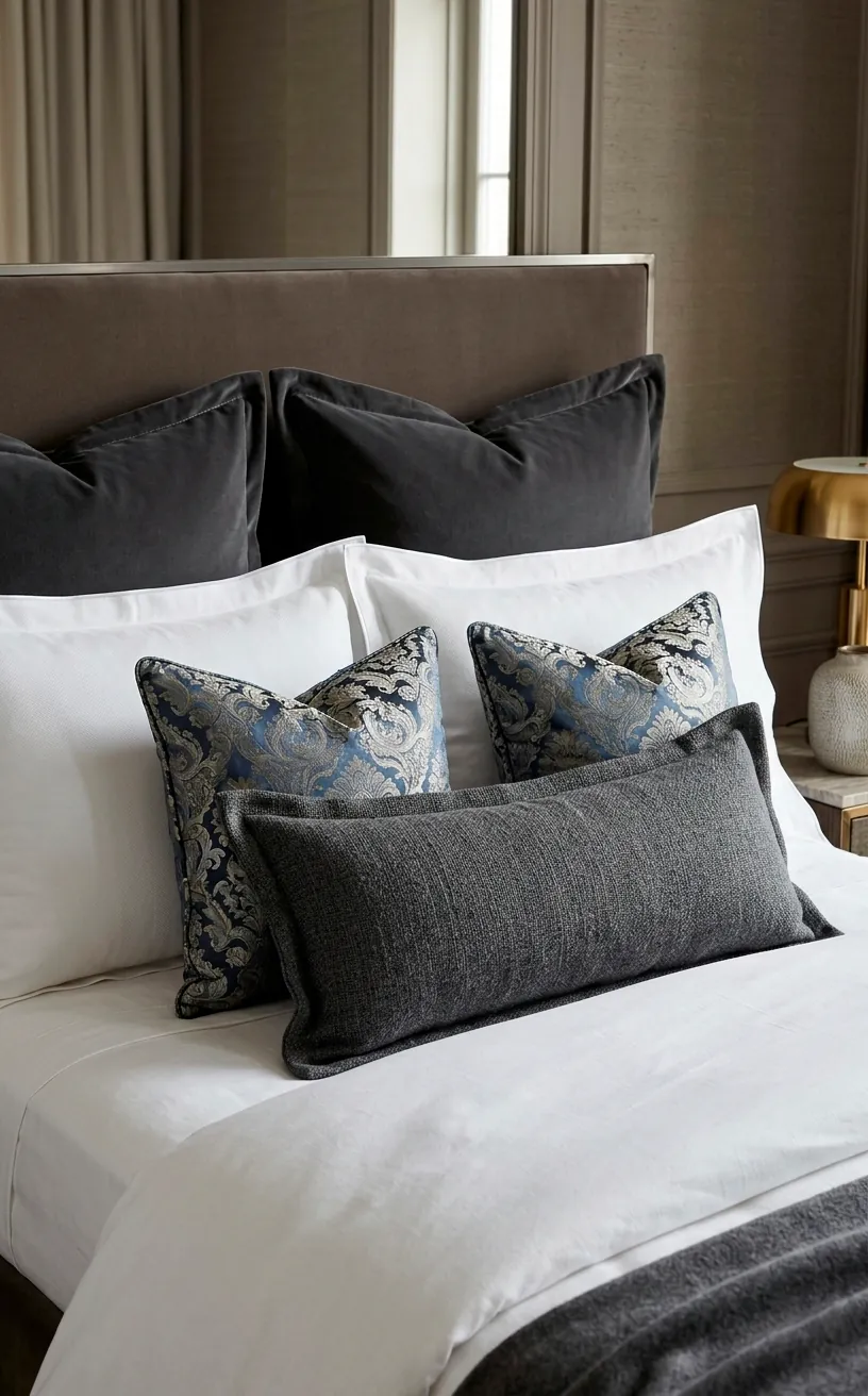 Symmetrical pillow arrangement on a luxury bed with velvet and silk.
