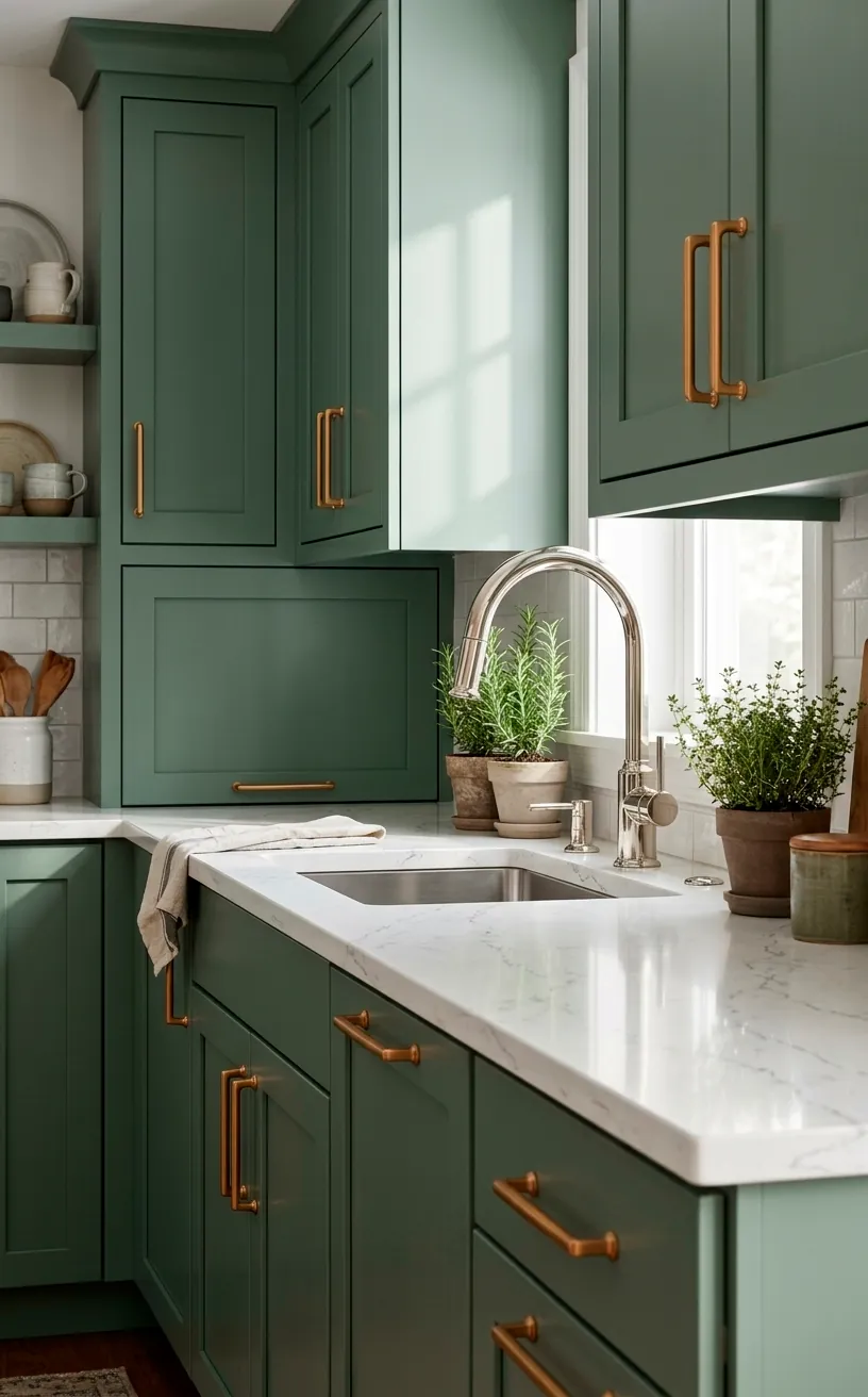 Mixed metal kitchen with polished nickel faucet and honey bronze cabinet hardware.