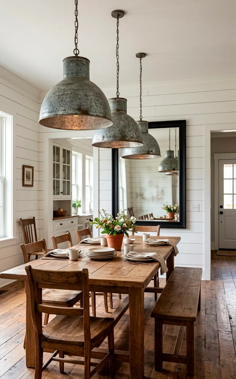 Galvanized metal pendant lights over a rustic dining table.