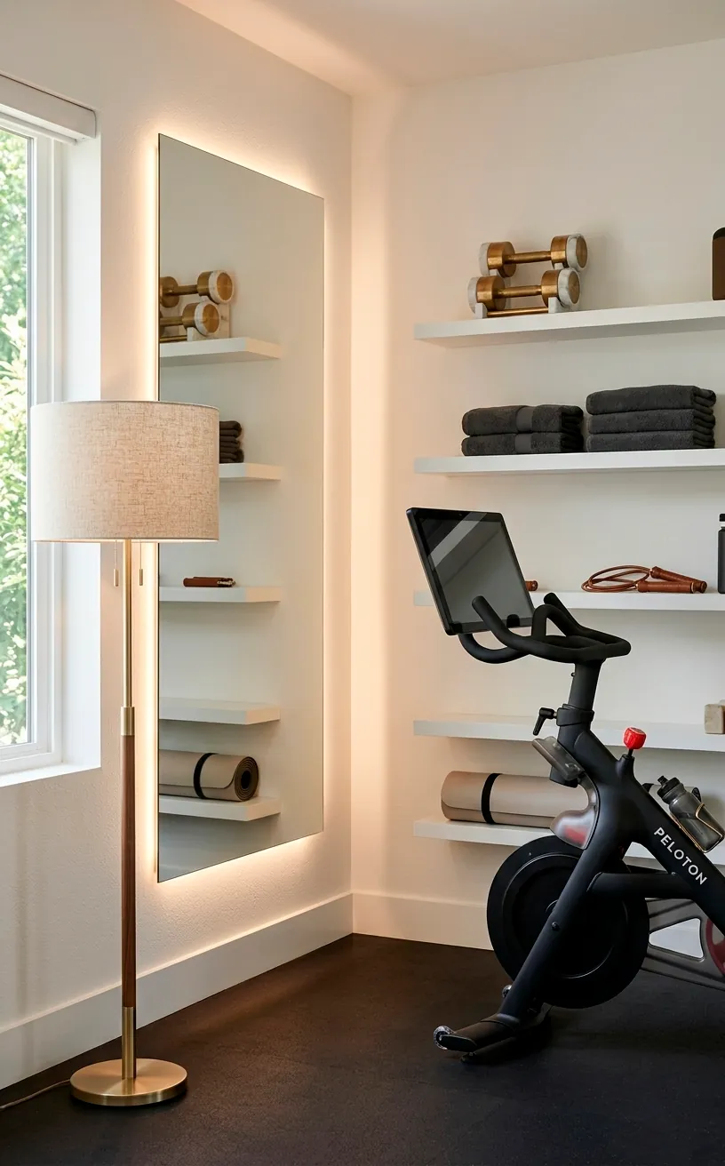 Layered lighting in a home gym with a floor lamp and LED mirror backlighting.
