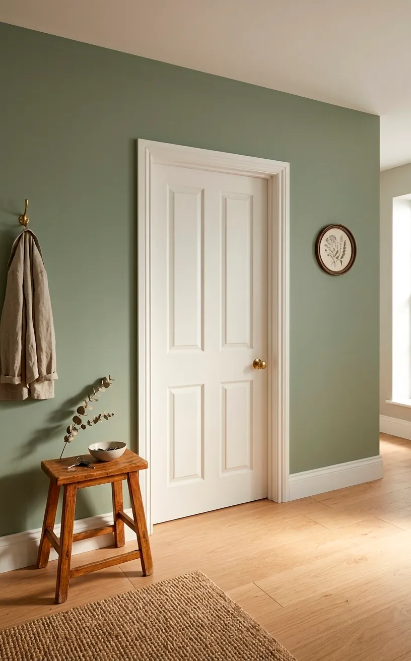 Sage green entryway wall with light oak wood floors and Shaker decor.