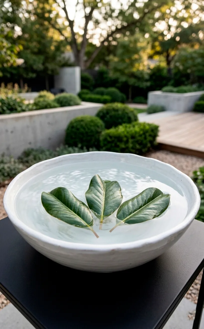 Magnolia leaves floating in a white ceramic water bowl on a patio table.