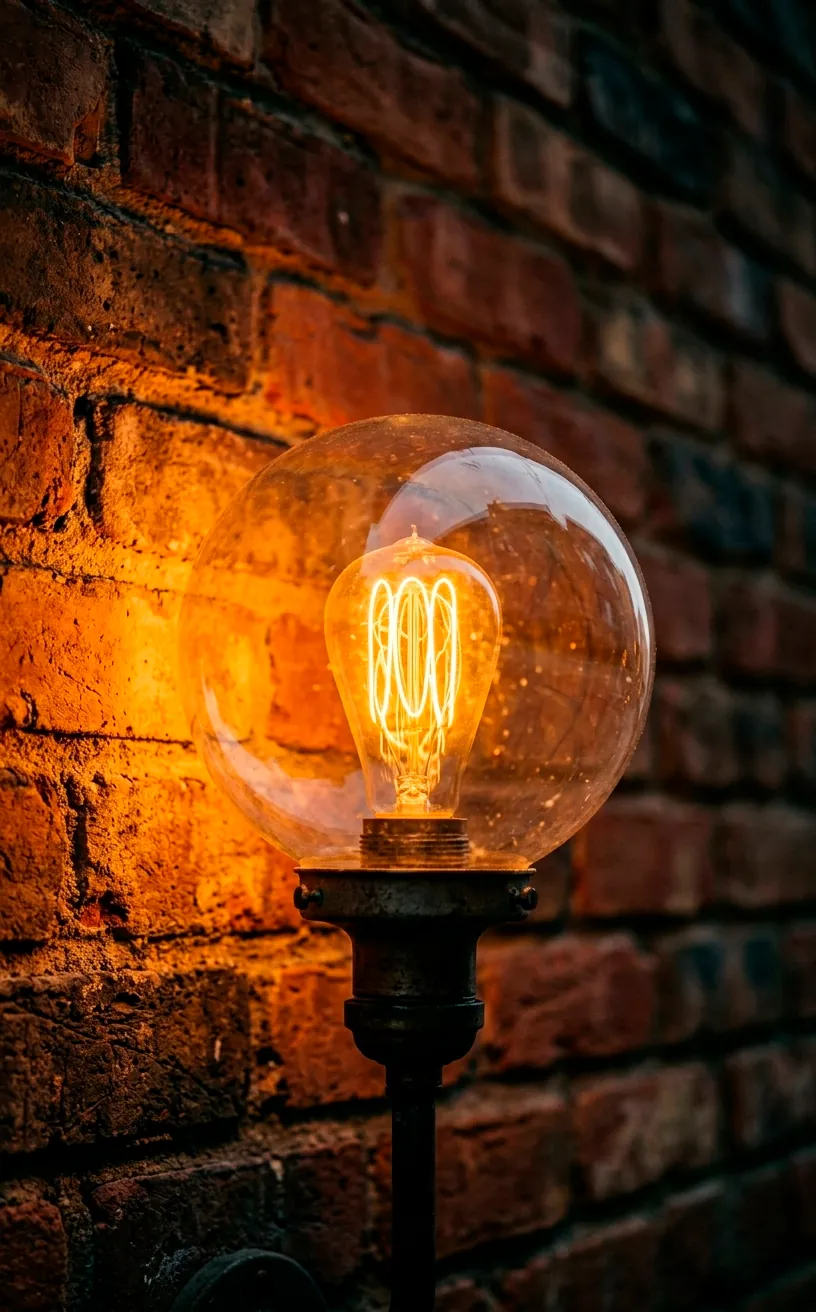 Clear globe light with a warm glowing Edison bulb showing the amber filament at night.
