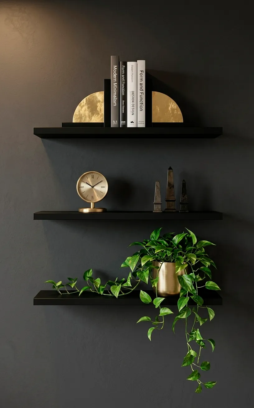 Black floating shelves with gold bookends and brass decor on a dark charcoal wall.