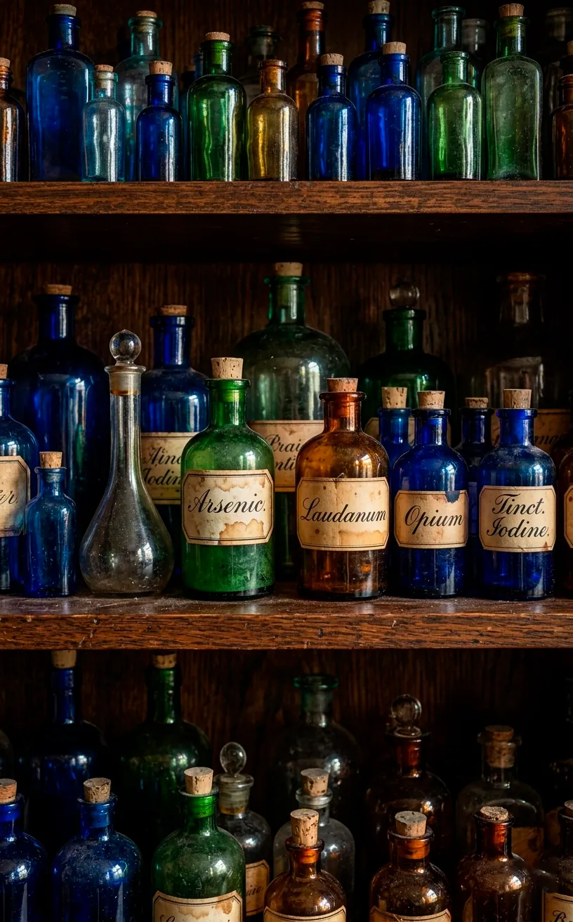 Vintage apothecary bottles with spooky labels on a wooden shelf.