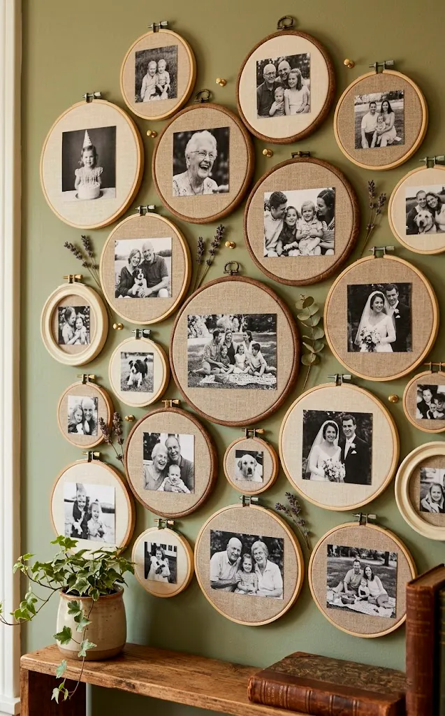 Cluster of embroidery hoop photo frames on a bedroom wall with linen fabric prints.