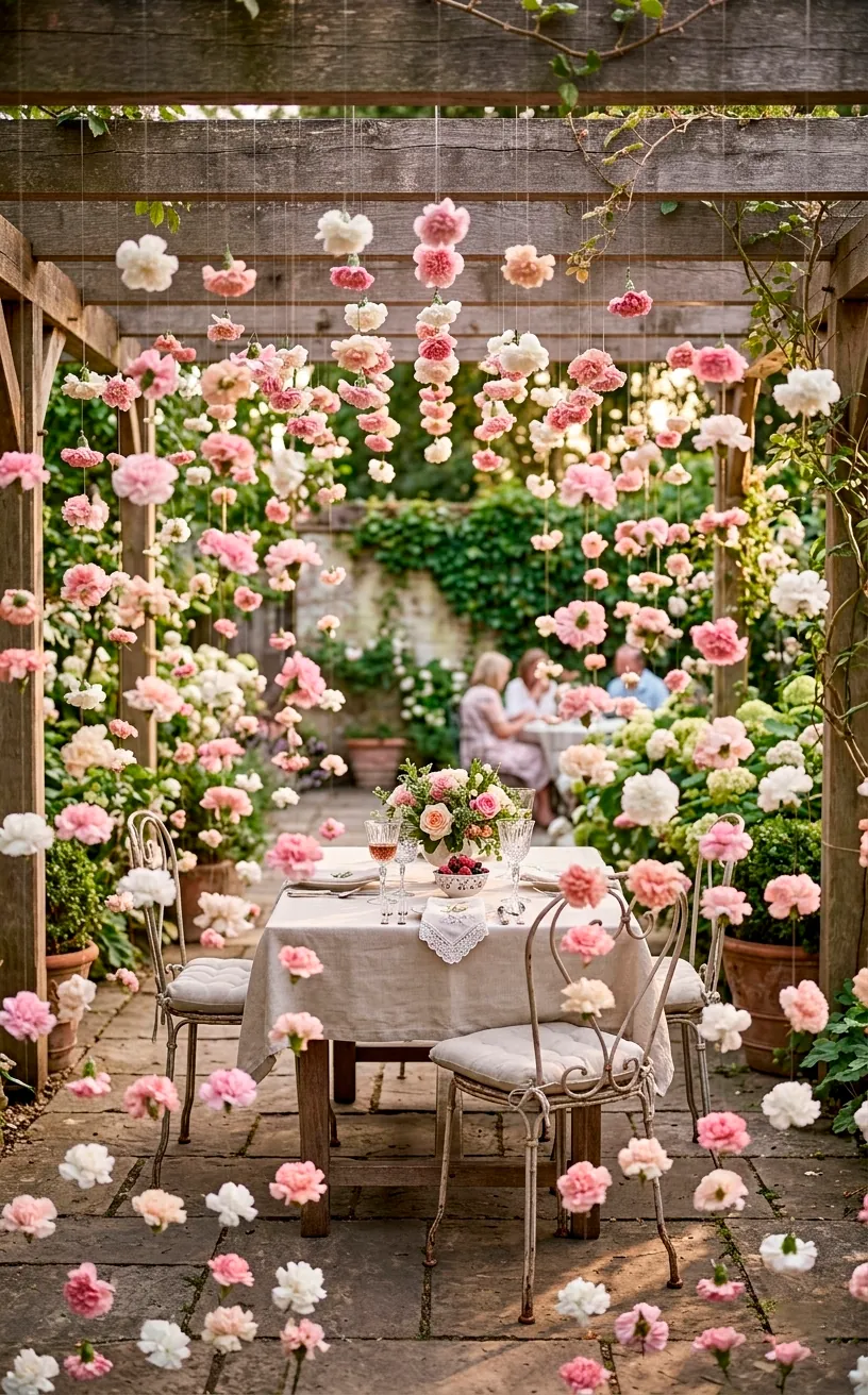 Hanging floral installation with pink carnations suspended from a wooden pergola.