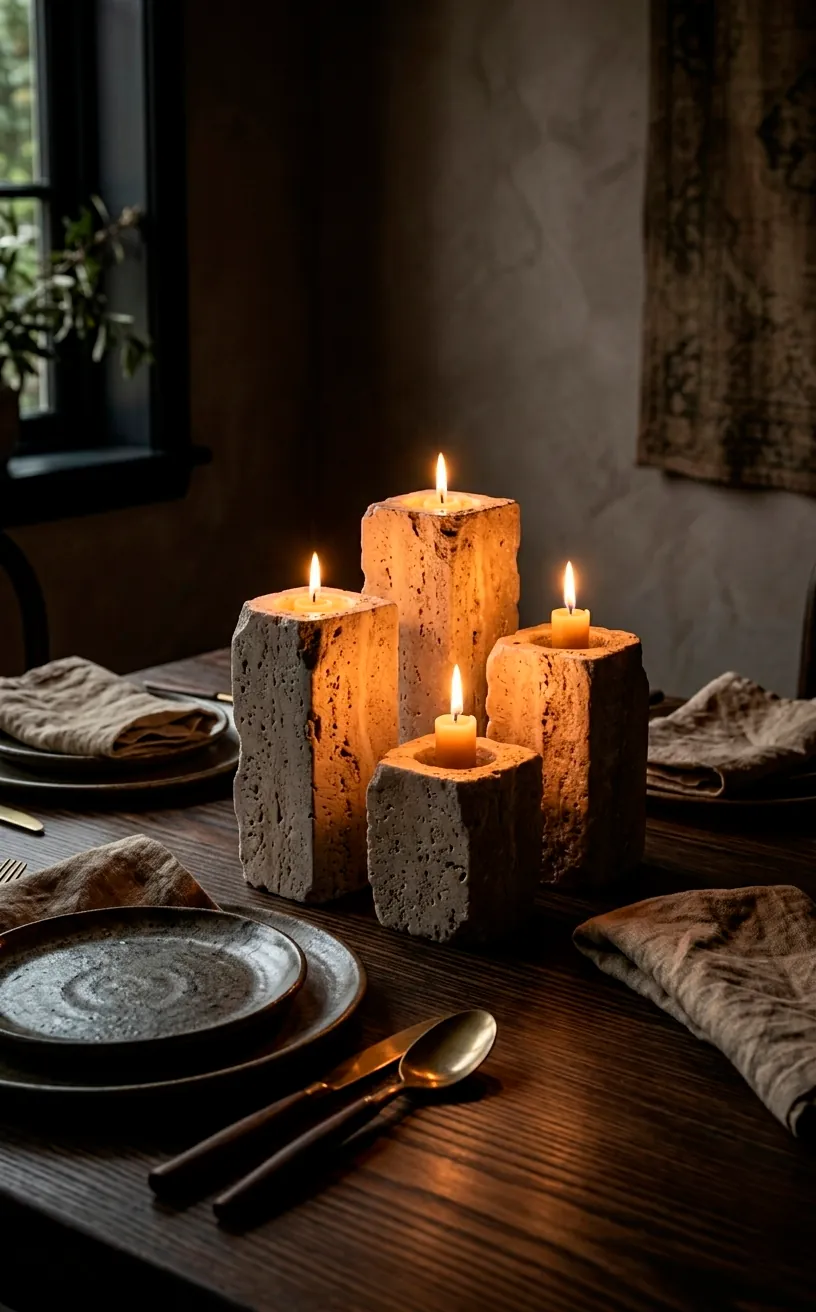 Travertine candle holders with glowing tea lights on a dark wood dining table.