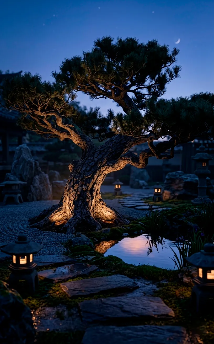 Zen garden at night with soft ambient lighting and stone lanterns.