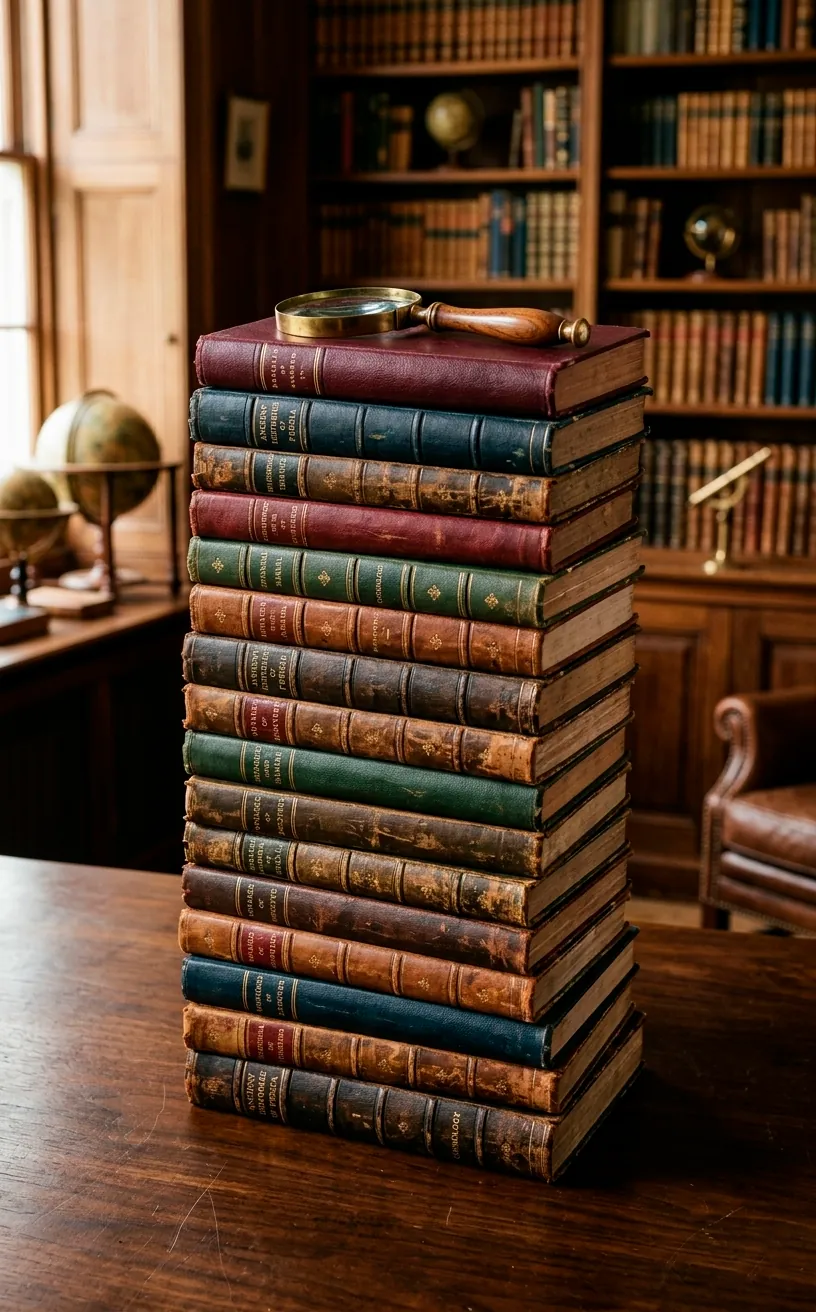 Stack of vintage leather-bound books with a magnifying glass on a dark wood desk.